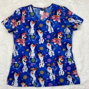 Disney Olaf Scrub Top Frozen II Size M Blue White Colorful Two Front Pockets EUC